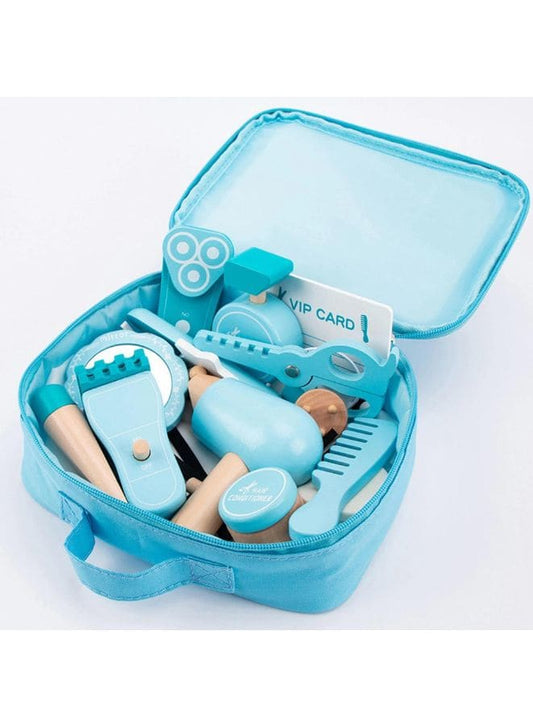 18Pcs Wood Hairdressing Beauty Salon Set, Makeup Toys Set Safe Simulation Haircut Makeup Pretend Play Toy for Kids - Fatio General Trading