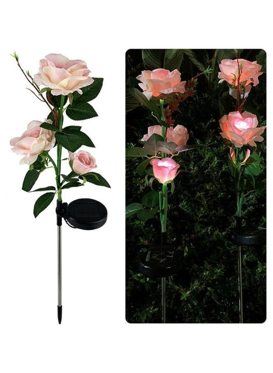 2 Pcs Beautiful Romantic Waterproof Solar Powered 3 LED Simulation Rose Flower Light Lamp Landscape Lighting With Stake For Outdoor Garden Yard Lawn Path Balcony Party Decoration, Pink - Fatio General Trading