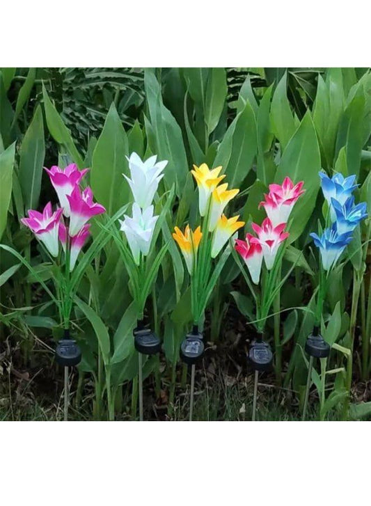 2 Pcs Beautiful Romantic Waterproof Solar Powered LED Simulation Lily Flower Light Lamp Landscape Lighting With Stake For Outdoor Garden Yard Lawn Path Balcony Party Decoration, Red - Fatio General Trading