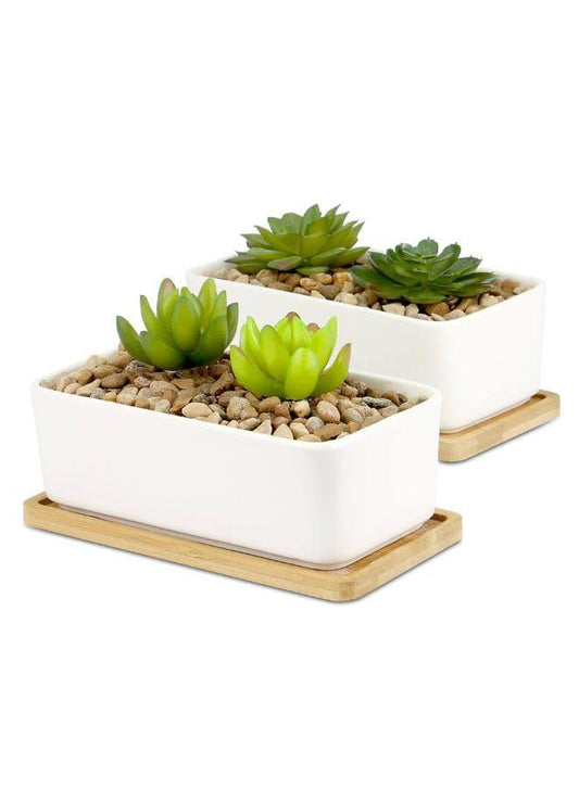 2 Pcs White Ceramic Rectangle Indoor Flower Pots with Bamboo Tray, Home Interior Design, 2 Rectangle Plant Pot Set (Plants NOT Included) - Fatio General Trading
