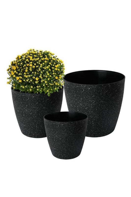 3 Packs Matte Black Resin Round Plant Pots for Indoor or Outdoor Plants, Large Flower Pots with Drainage Hole, Lightweight (Plants NOT Included) - Fatio General Trading