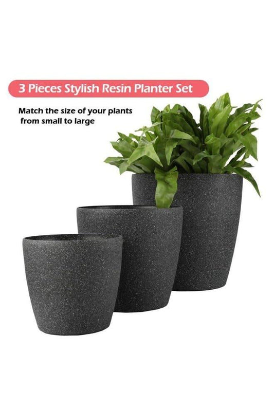 3 Packs Matte Black Resin Round Plant Pots for Indoor or Outdoor Plants, Large Flower Pots with Drainage Hole, Lightweight (Plants NOT Included) - Fatio General Trading