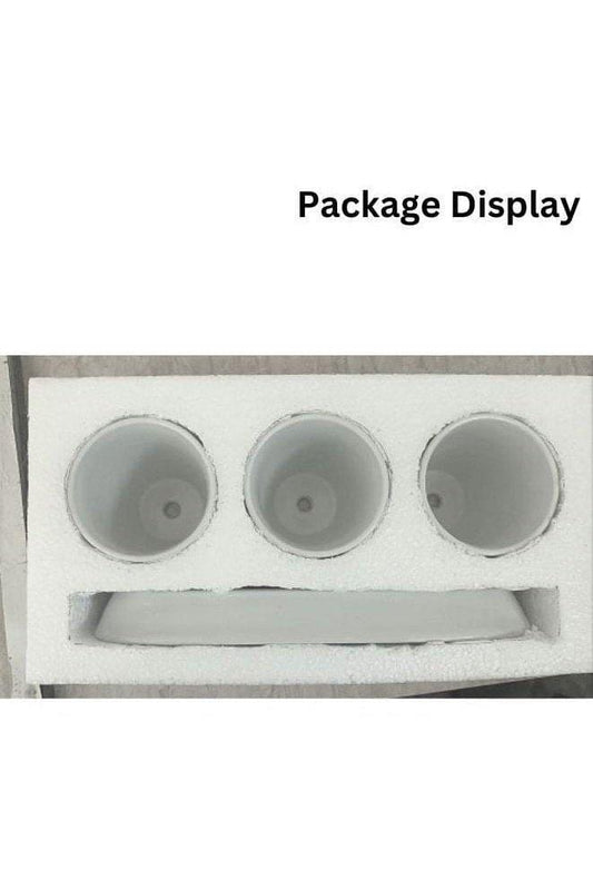 3 Pcs Geometric Succulent Designed Indoor Flower Pots with Trey, Set of 3 White Ceramic Succulent Cactus Square Plant Pots with Bamboo Tray (Plants NOT Included) - Fatio General Trading