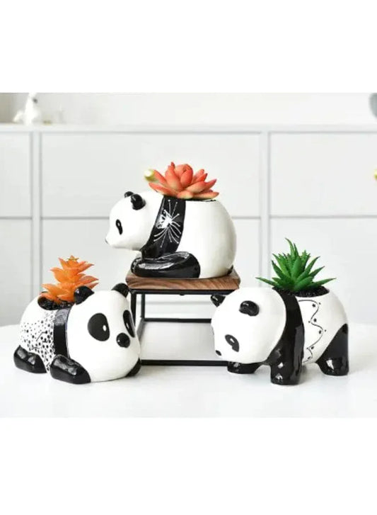 3 Pcs Lovely Panda Succulent Ceramic Indoor Flower Pots Cute Animal Mini Green Plant Basin Plant Pot Home Interior Design Fairy Gardening (Plants NOT Included) - Fatio General Trading