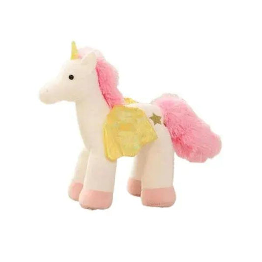 Plush unicorn toy with pink mane and tail, yellow wings, and a gold horn on a white background