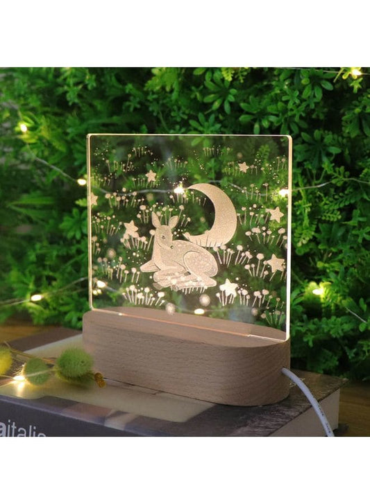 3D Acrylic Night Light Table Lamp with Wooden Base, Best Gift for Birthday, Anniversary, and Home Decor (Deer and Moon) - Fatio General Trading