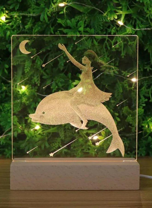 3D Acrylic Night Light Table Lamp with Wooden Base, Best Gift for Birthday, Anniversary, and Home Decor (Girl and Dolphin) - Fatio General Trading