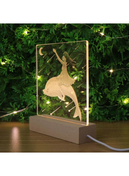 3D Acrylic Night Light Table Lamp with Wooden Base, Best Gift for Birthday, Anniversary, and Home Decor (Girl and Dolphin) - Fatio General Trading
