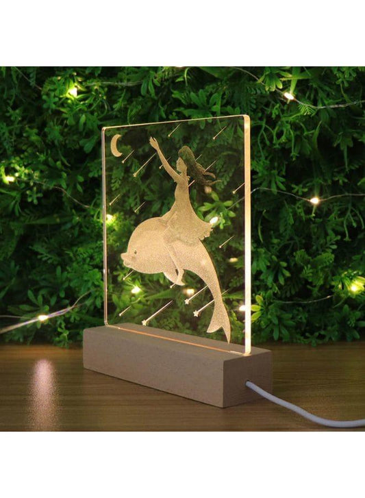 3D Acrylic Night Light Table Lamp with Wooden Base, Best Gift for Birthday, Anniversary, and Home Decor (Girl and Dolphin) - Fatio General Trading