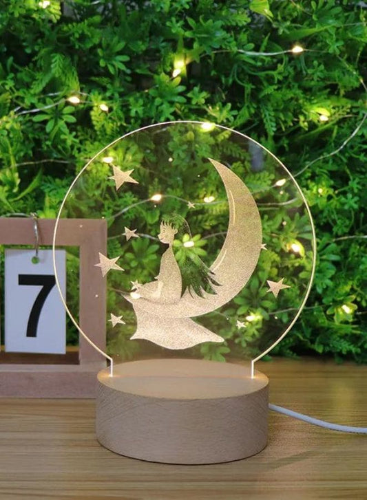 3D Acrylic Night Light Table Lamp with Wooden Base, Best Gift for Birthday, Anniversary, and Home Decor (Girl and Moon) - Fatio General Trading