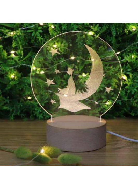 3D Acrylic Night Light Table Lamp with Wooden Base, Best Gift for Birthday, Anniversary, and Home Decor (Girl and Moon) - Fatio General Trading