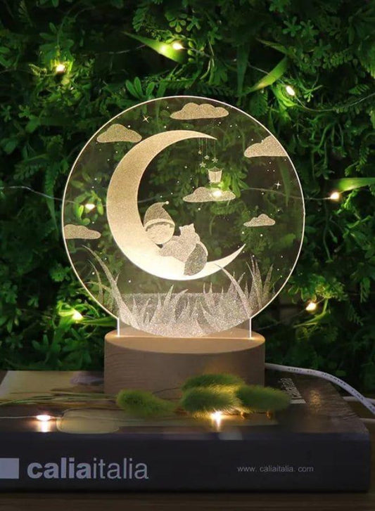 3D Acrylic Night Light Table Lamp with Wooden Base, Best Gift for Birthday, Anniversary, and Home Decor (Kid On Moon) - Fatio General Trading