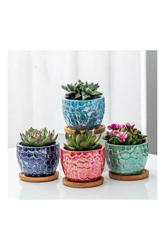 4 Pcs Ceramic Flowerpot Set Succulent Plant Pots Nordic Simple Style Design Planter Cactus Flower Pot With Tray Home Interior Design, Garden Décor Gift (Plants NOT Included) - Fatio General Trading
