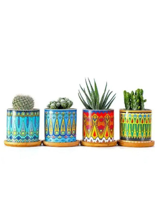 4 Pcs Succulent Plant Pots Small Modern Ceramic Indoor Flower Pots with Bamboo Tray for Cactus Herbs Home Interior Design 2 (Plants Not Included) - Fatio General Trading