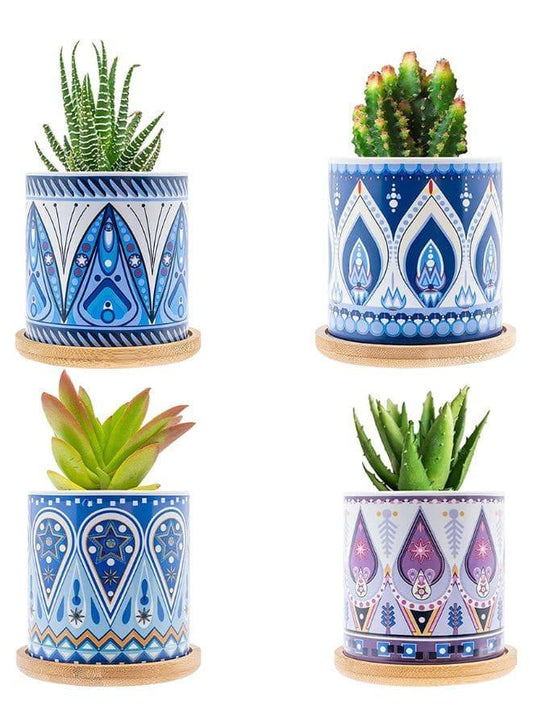 4 Pcs Succulent Plant Pots Small Modern Ceramic Indoor Flower Pots with Bamboo Tray for Cactus Herbs Home Interior Design 4 (Plants Not Included) - Fatio General Trading