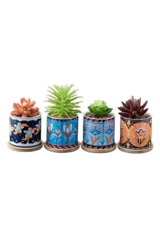 4 Pcs Succulent Plant Pots Small Modern Ceramic Indoor Flower Pots with Bamboo Tray for Cactus Herbs Home Interior Design 5 (Plants Not Included) - Fatio General Trading