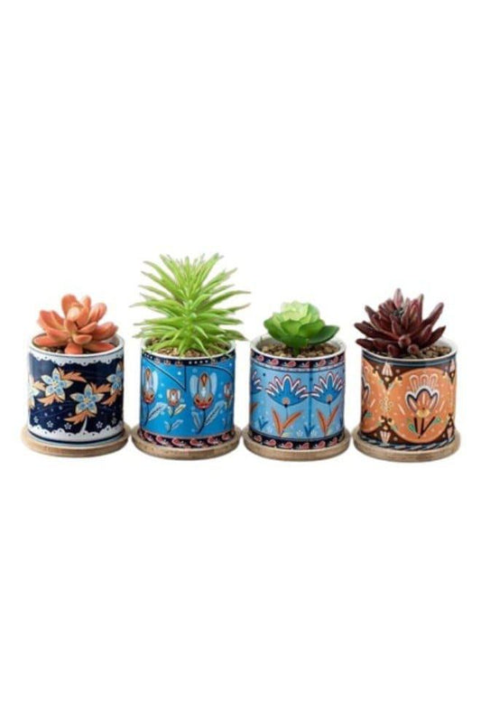 4 Pcs Succulent Plant Pots Small Modern Ceramic Indoor Flower Pots with Bamboo Tray for Cactus Herbs Home Interior Design 5 (Plants Not Included) - Fatio General Trading
