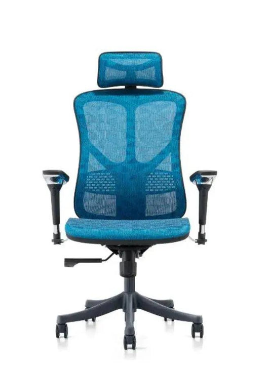 Blue office chair with mesh back and headrest on a white background