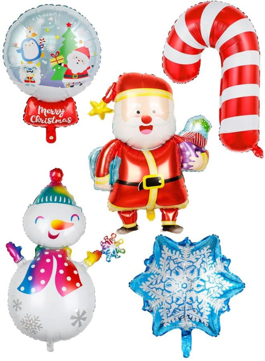 5pcs Christmas Foil Balloons include 1 x Santa Claus, 1 x Candy Cane, 1 x Snowman, 1 x Snowflake, 1 x Round Happy Holidays Giant Balloon Decoration Party Supplies - Fatio General Trading