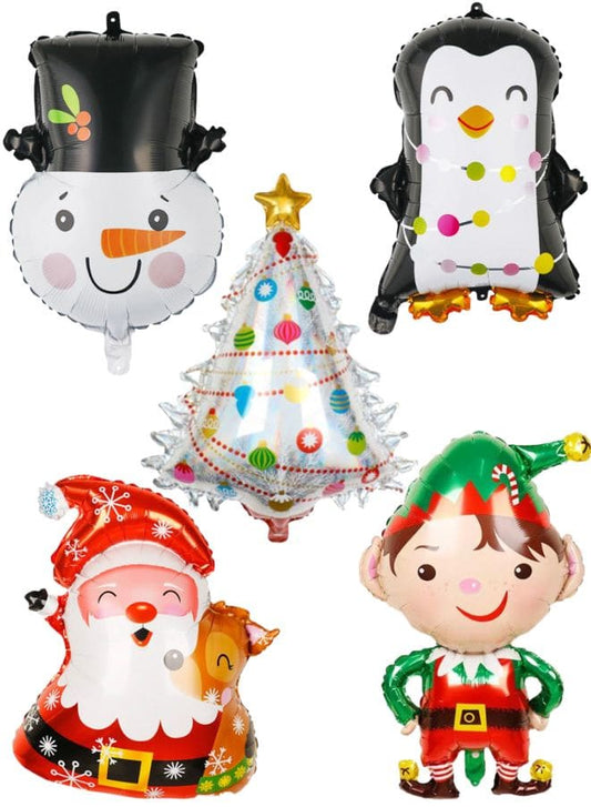 5pcs Christmas Foil Balloons include 1 x Santa Claus, 1 x Snowman, 1 x Penguine, 1 x Elf, 1 x Christmas Tree Happy Holidays Giant Balloon Decoration Party Supplies - Fatio General Trading