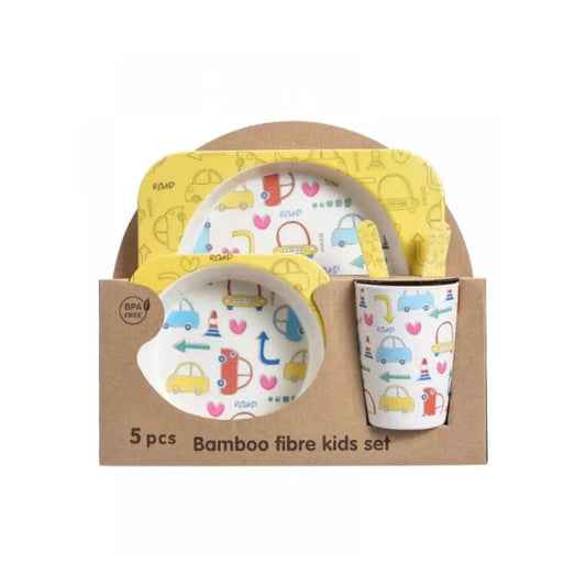 5PCS Unbreakable Kids Plates and Bowls Set for Healthy Mealtime, Bamboo Children Dinner Set with Plate, Bowl, Cup, Fork and Spoon, BPA Free Dishwasher Safe, Traffic - Fatio General Trading