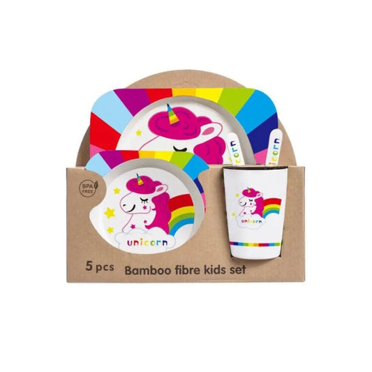 5PCS Unbreakable Kids Plates and Bowls Set for Healthy Mealtime, Bamboo Children Dinner Set with Plate, Bowl, Cup, Fork and Spoon, BPA Free Dishwasher Safe, Unicorn - Fatio General Trading