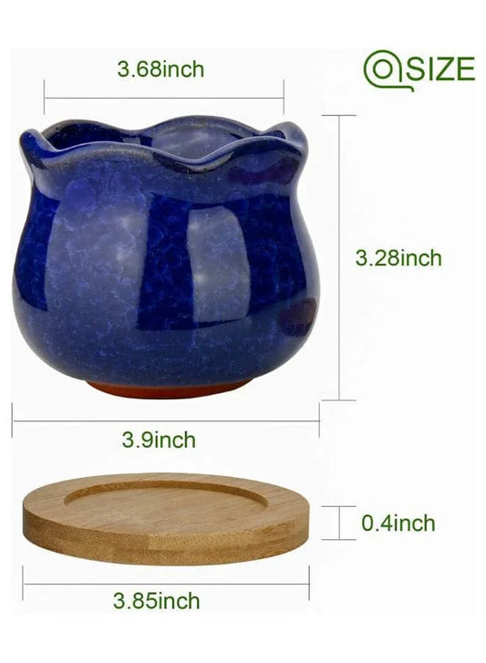 6 Pcs Colorful Succulent Indoor Flower Pots, Ceramic Ice Flower Planters, Colorful Plant Pot with Bamboo Trays, Pack of 6 (Plants Not Included) - Fatio General Trading