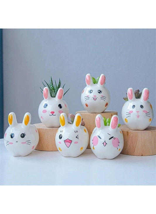 6 Pcs Lovely Cartoon Rabbit Succulent Ceramic Indoor Flower Pots, Cute Animal Mini Green Plant Pot, Living Room Interior Design Fairy Gardening (Plants NOT Included) - Fatio General Trading