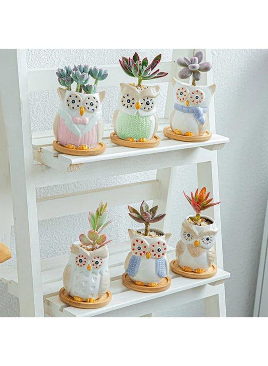 6 Pcs Owl Ceramic Succulent Indoor Flower Pots with Drainage Hole, Handicraft Plant Pots for Living Room Interior Design, Office, Garden Decoration Set of 6 (Plants NOT Included) - Fatio General Trading