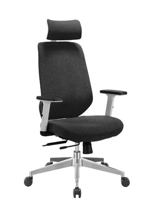 Black office chair with headrest on a white background