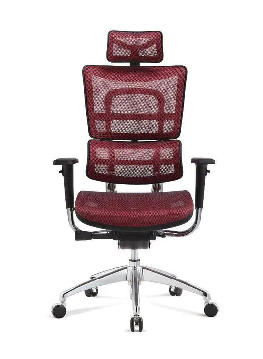 Red office chair with mesh back and headrest on a white background