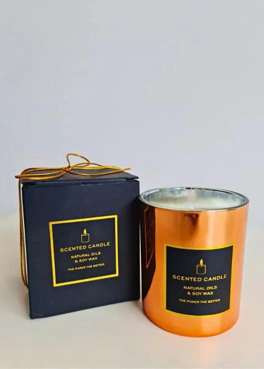 Soy Wax Scented Candle in Gold Glass Jar – Oud & Amber | 230g, ~45 Hours Burn Time