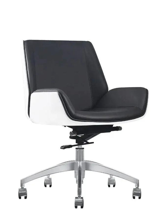 Modern office chair with black seat and white backrest on a white background