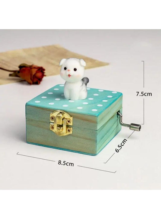 Cute animal hand crank music box wooden crafts ornaments music box, Mini Gift Wrapped Wooden Hand Crank Music Box with Lovely Pet, Grey Dog Fatio General Trading