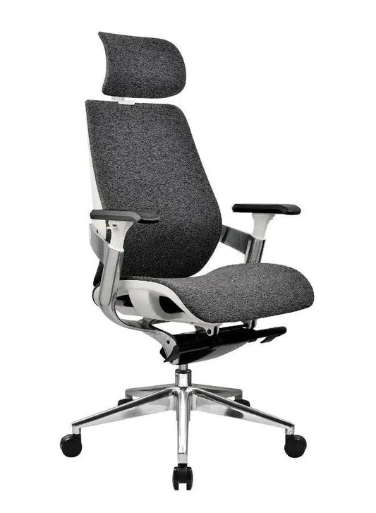 Gray office chair with headrest on a white background