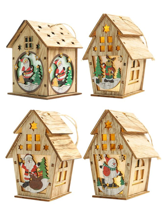 A set of four wooden Christmas ornaments with LED lights, featuring festive designs including a house with Santa Claus, a Christmas tree, a snowman, and a Christmas-themed design.