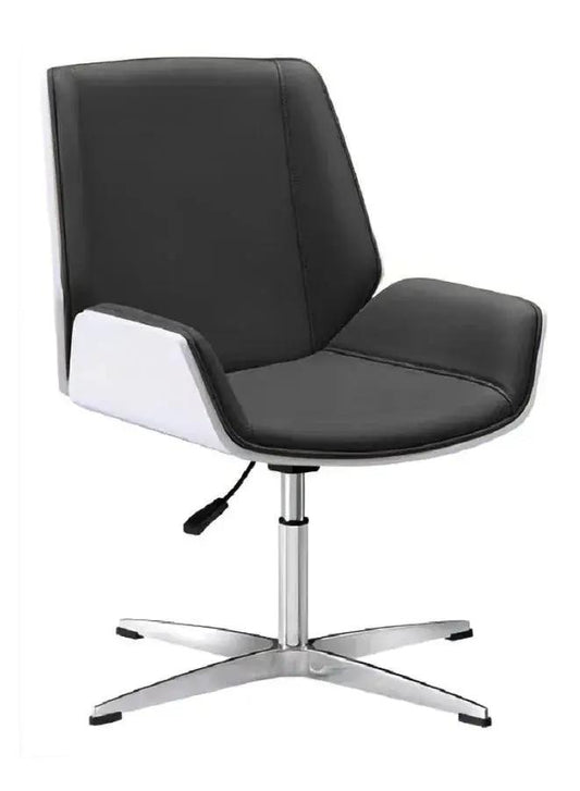 Black leather office chair with white sides on a white background