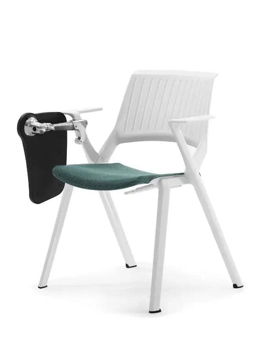 Modern chair with adjustable armrest and green seat pad on a white background