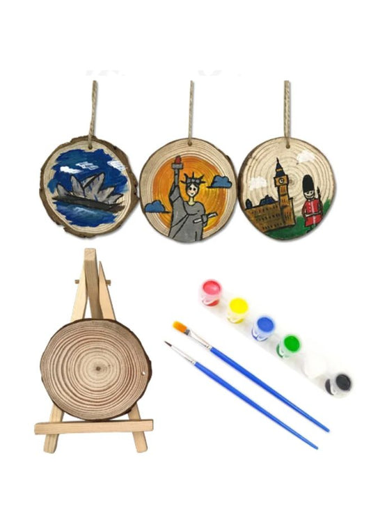 Unfinished Natural with Tree Bark Wood Slices 3 Pcs 4.2-4.7 inch Disc Coasters Wood Coaster Pieces Craft Wood kit Circles Crafts With Color Set and Stand