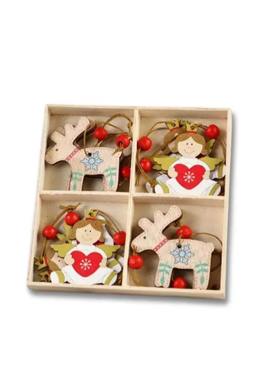 Wooden Christmas Ornaments - Hanging Christmas Tree, Wall, Window and Door Decorations 12 Pendants (Elk and Kid)