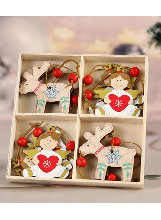 Wooden Christmas Ornaments - Hanging Christmas Tree, Wall, Window and Door Decorations 12 Pendants (Elk and Kid)