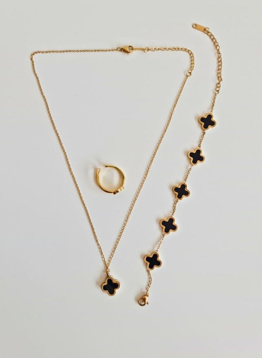 Stunning Women's Four Leaf Black Coloured Clover Set | Complete Jewelry Ensemble with Ring, Chain, and Bracelet (Double Side Pendants)