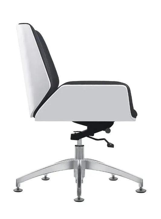 Black leather office chair with white accents on a white background