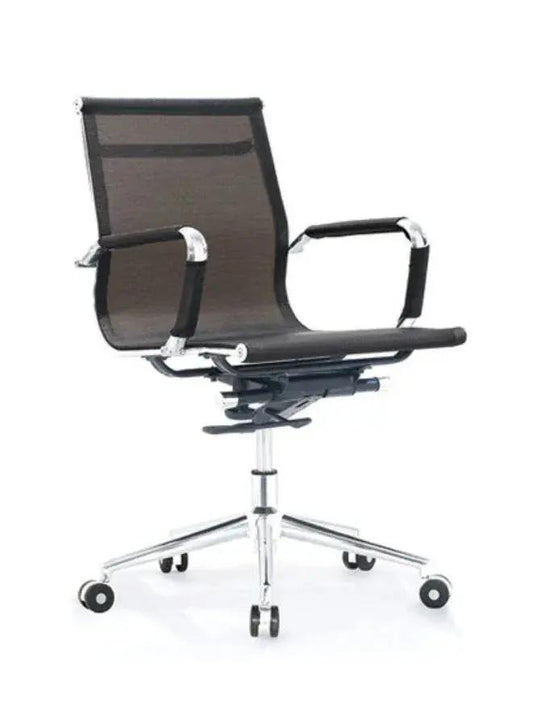 Black office chair with mesh backrest on a white background