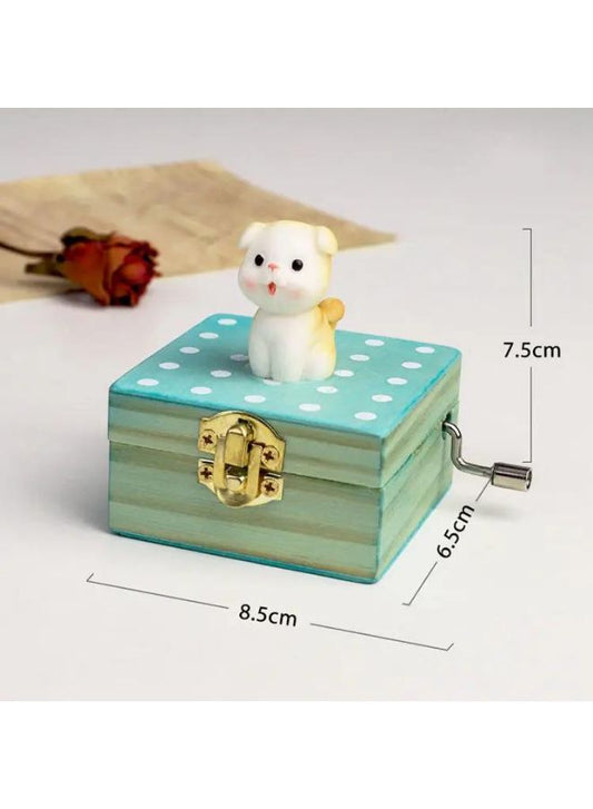 Cute animal hand crank music box wooden crafts ornaments music box, Mini Gift Wrapped Wooden Hand Crank Music Box with Lovely Pet, Orange Dog Fatio General Trading