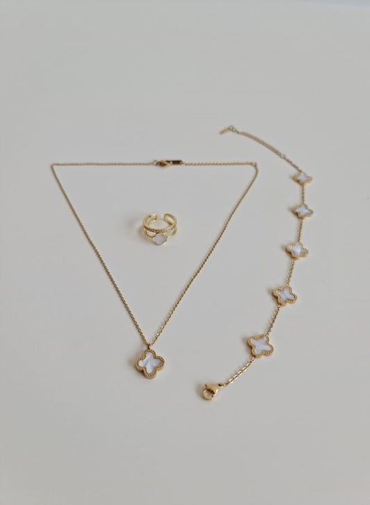 Four Leaf Clover White Chain, Bracelet, and Ring Set for Women | A Symbol of Luck and Good Will for Women