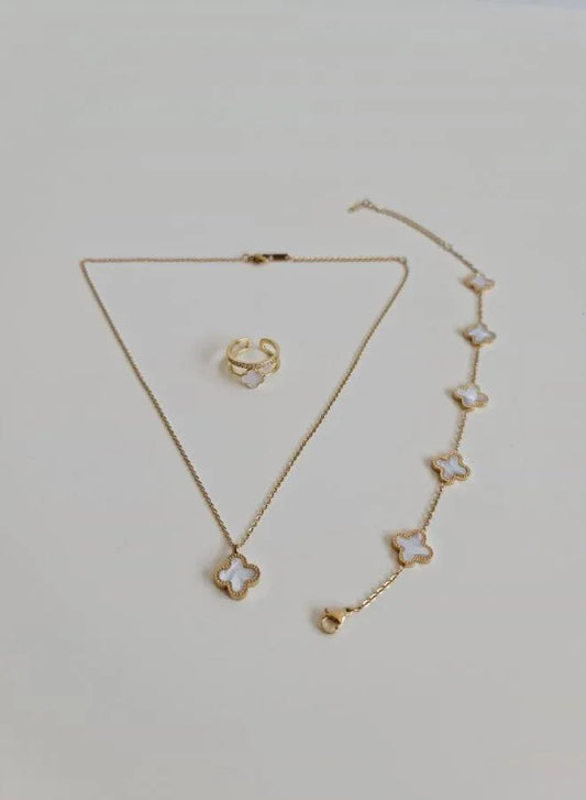 Four Leaf Clover White Chain, Bracelet, and Ring Set for Women | A Symbol of Luck and Good Will for Women