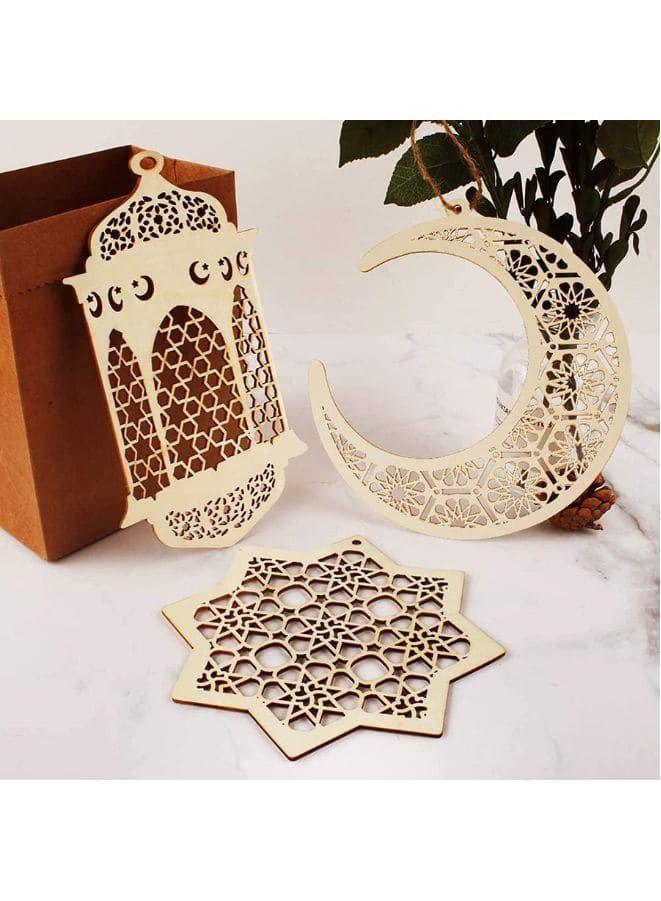 8 Pieces Wooden Hollow Pendant Ornament Eid Ramadan Festive DIY Decorations with Hanging Moon Star Wind Light Shape Ornament for Eid Mubarak