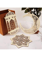 8 Pieces Wooden Hollow Pendant Ornament Eid Ramadan Festive DIY Decorations with Hanging Moon Star Wind Light Shape Ornament for Eid Mubarak