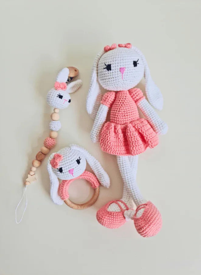 Handmade Natural Wooden and Cotton Crochet Doll with rattle and Pacifier Chain for Toddlers, Pink Bunny, 25cm